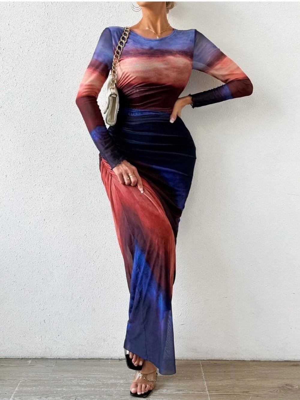 Women’s Long Sleeve Ombre Maxi Dress with sheer sleeves in Red & Blue